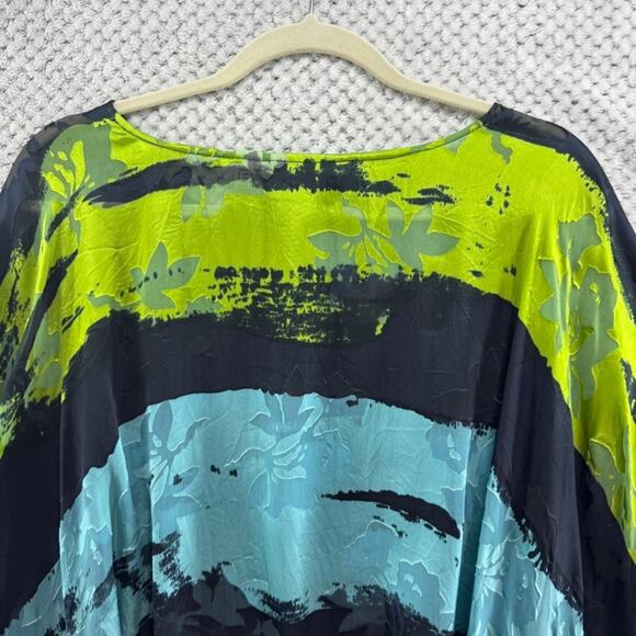 Chicos Design Top ML Blue Silk Burn Out Sheer Floral Boat Neck Shawl Pullover - Picture 9 of 13